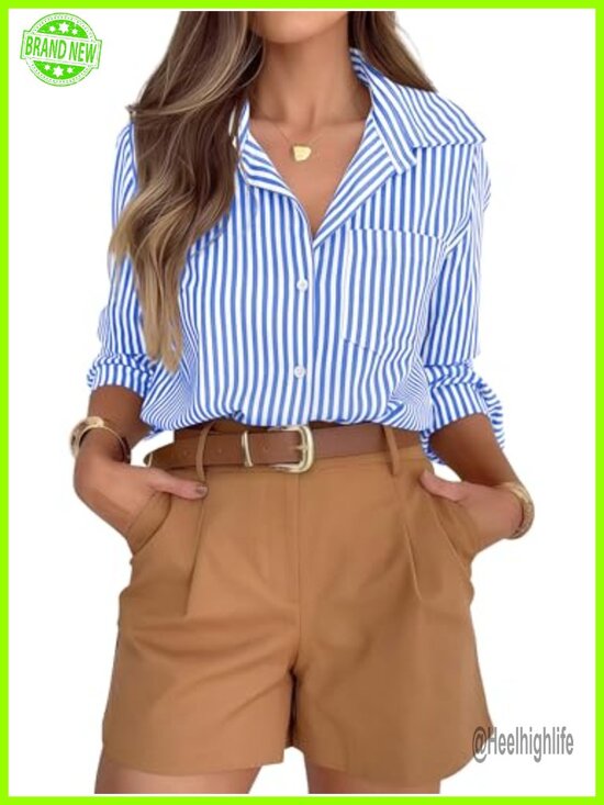 Tops - Super Soft Striped Button Down Shirt Long Sleeve Casual Collared Blouse with